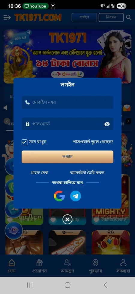 TK1971 login form with Google and Telegram sign-in options